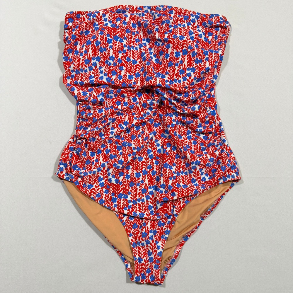 J. Crew One Piece Swimsuit Ruched Floral Bandeau Red Blue White Womens XL BD861